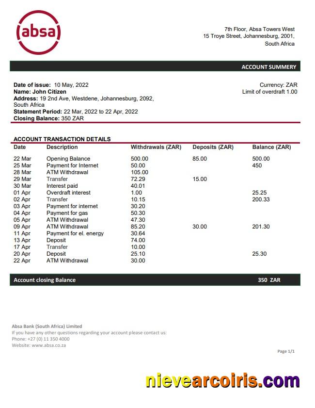 South Africa ABSA bank statement